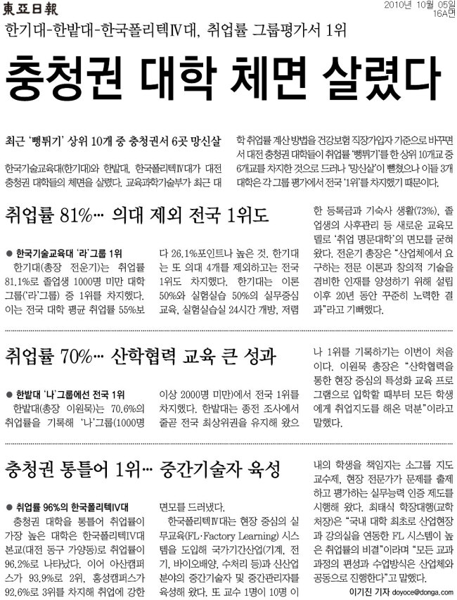 [동아일보]한기대-한밭대-한국폴리텍Ⅳ대, 취업률 그룹평가서 1위 