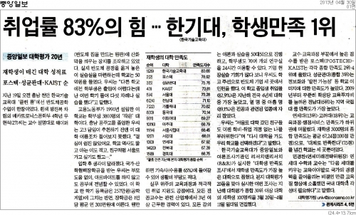 [중앙일보]취업률 83%의 힘 … 한기대, 학생만족 1위